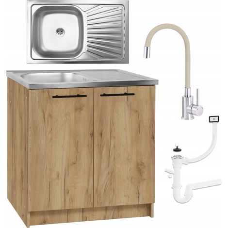 Meuble de cuisine - 80x50 cm - Chêne doré - Ensemble avec évier et robinet flexible