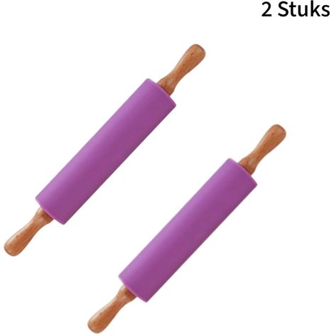 Lot de 2 rouleaux à pâtisserie en bois et silicone antiadhésifs avec poignées antidérapantes pour étaler la pâte couleur violette (1/5)