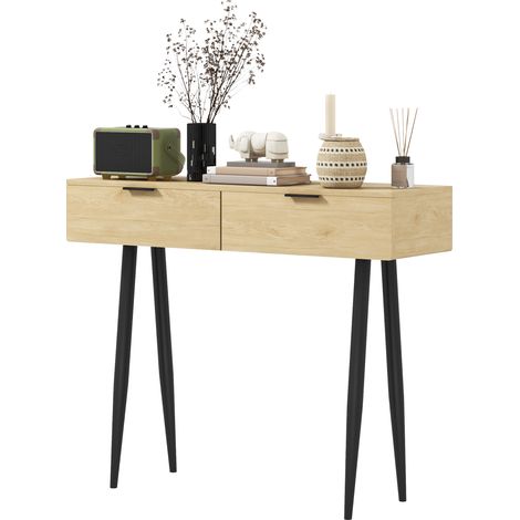 Meuble d'entrée avec 2 tiroirs, pieds en acier, chêne, 100 x 30 x 80,5 cm