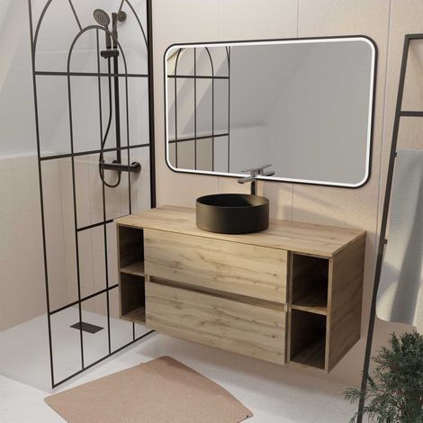 Mobile da bagno 120 TIMBER - Finitura Rovere 2 cassetti, Lavabo bianco, Specchio LED 120x70