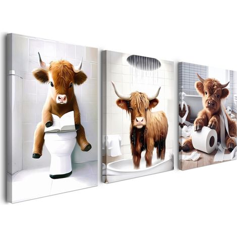 Lot de 3 tableaux muraux encadrés pour salle de bain - 30 x 40 cm - Vache des Highland amusantes - Décoration de salle de bain pour invités, WC et salle de bain - Tableaux muraux encadrés avec (1/5)