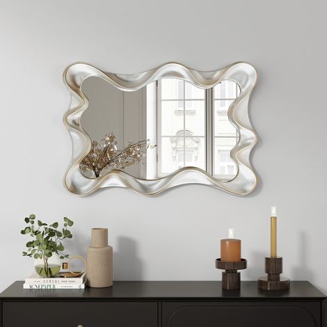 Miroir mural à cadre ondulé argenté et doré, style artistique moderne pour la décoration intérieure (1/5)