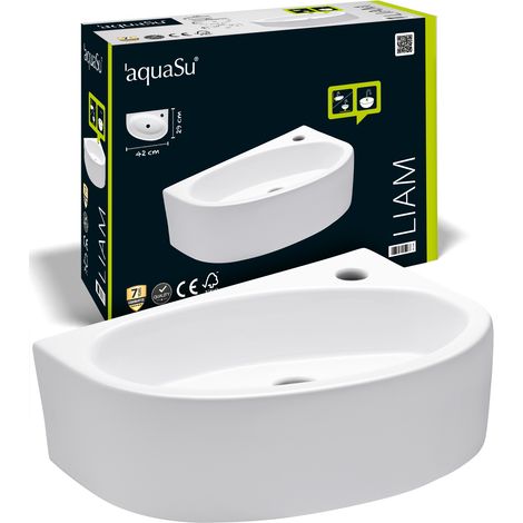 'aquaSu® Handwaschbecken Liam 42 cm Eck-Waschtisch mit Hahnloch Kleines Hänge-Waschbecken rund Wand- oder Aufsatzmontage 42 x 29 cm Sanitärkeramik in weiß 56218 8