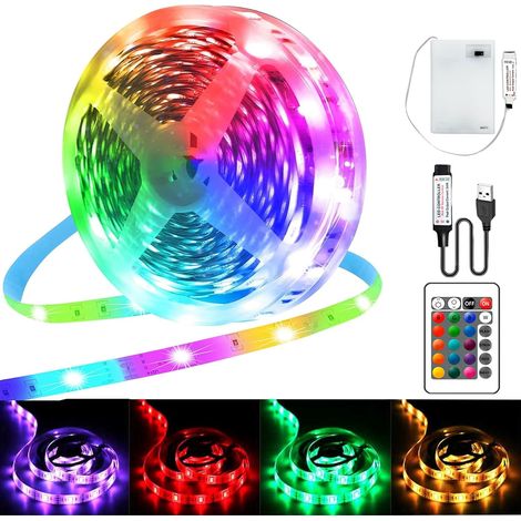 Ruban Led 5m, RGB 5050 Bande LED Alimenté par Batterie ou USB, Dimmable 16 couleurs Led Bande avec Télécommande pour Chambre, Salon, Rétroéclairage TV, Bar, Fête (1/5)