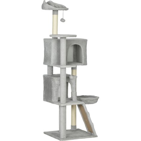 Arbre à chat multifonction 160 cm avec plateformes en peluche, poteaux en sisal, hamac et jeu suspendu (1/5)