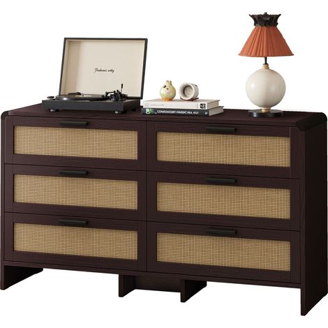 Cassettiera 130x40x74 cm, 6 cassetti, Stile moderno, Paglia naturale, Pannello truciolare e legno, Marrone, Per soggiorno e camera (1/5)
