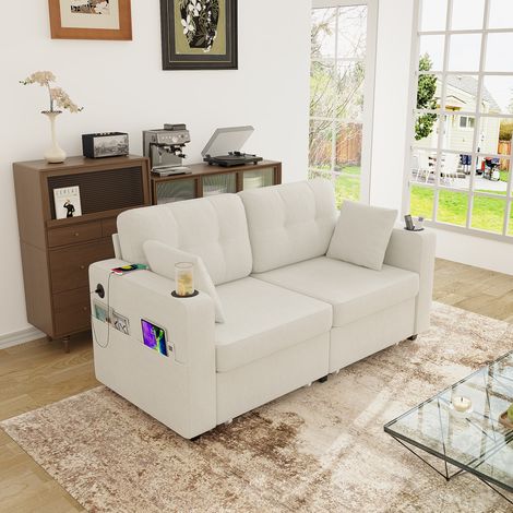 Canapé 2 places en chenille beige 172x75x82 cm avec rangement, ports USB, porte-gobelets et poches latérales (1/5)