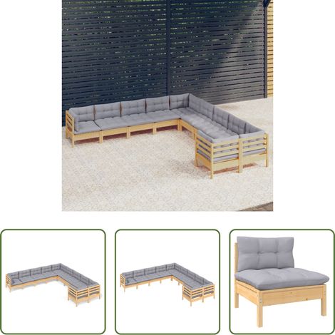 Holzgartenmöbel - 10-tlg. Garten-Lounge-Set mit Grauen Kissen Kiefernholz (1/5)