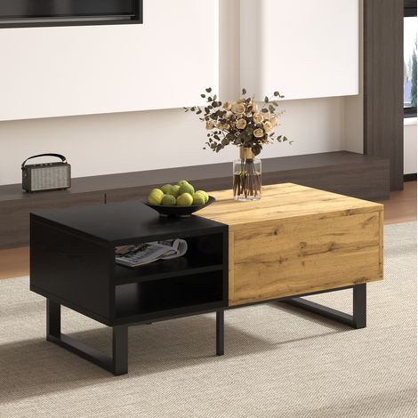 Table basse en panneau de particules décor bois naturel et noir 100 cm avec niches ouvertes et tiroir (1/5)