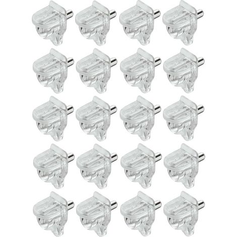 Confezione da 20 supporti per mensole in plastica trasparente con perni in acciaio da 3 mm – Portata massima 2 kg per pezzo – Per mensole in legno o vetro (1/2)