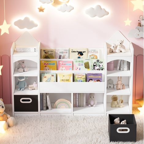 Bibliothèque enfant avec 2 bacs de rangement pliables, blanche, 130 x 30 x 90 cm DESVIAE (1/5)