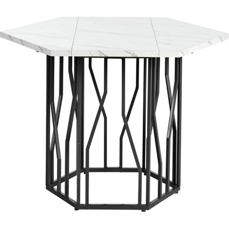 Table à manger hexagonale moderne avec plateau effet marbre MDF et piètement noir en métal (1/5)