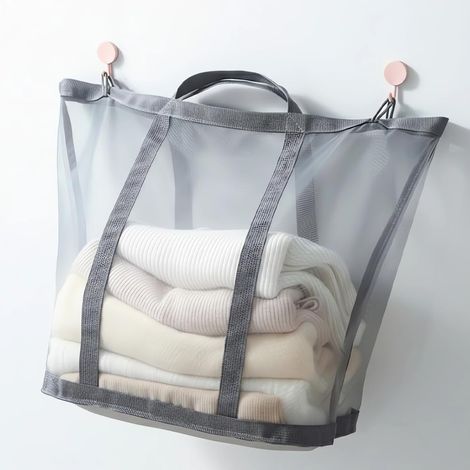 Panier à linge pliable, panier en maille pliable 41L, sac de rangement suspendu pour salle de bain, dortoir, voyage, plage, camping, Gris (1/5)