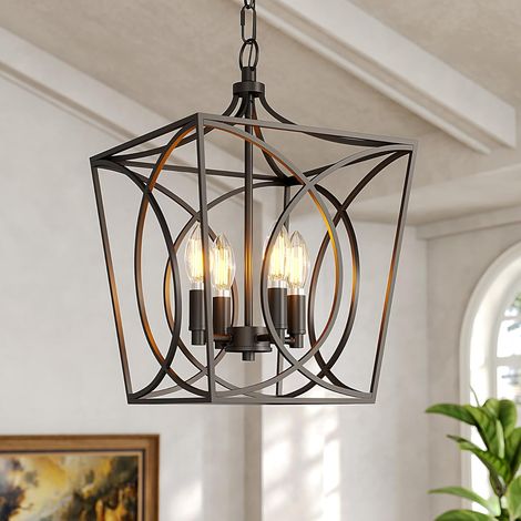 Tribesigns Lampe Suspension Vintage à 4 lumières, Suspension industrielle réglable en métal noir rustique (cage), luminaire de plafond pour îlot de cuisine, salle à manger et entrée — culot E14 [Class