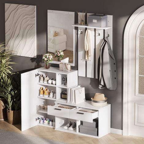 MEUBLIV Mueble de entrada 120x35x175,5 cm blanco – espejo, ganchos, 2 cajones (1/5)