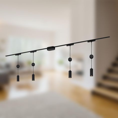 Système de rail set complet, 4x LED Suspendu, Réglable en hauteur, Lampes, Système de rail lumineux plafond, Rail de spot, Plafonnier, Spotlight, 2m, Noir (1/5)