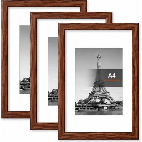 Ensemble de trois cadres photo décoratifs et créatifs, parfaits pour la maison ou à poser, pour photos, images, affiches, puzzles, etc. Format A4, finition noyer. (1/5)