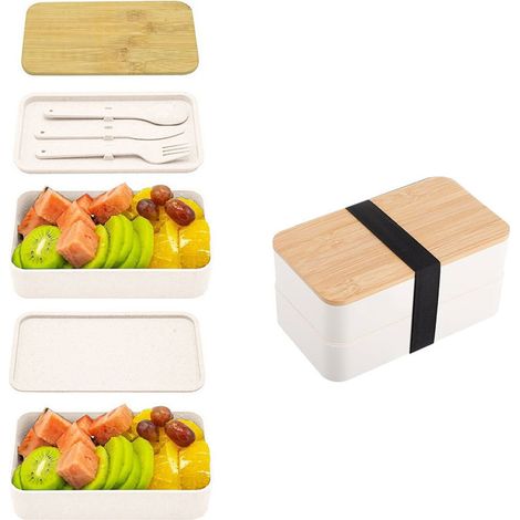 Bento box - boîte à manger en plastique 2 couches sans Bpa avec couvercle en bois de bambou - adultes et enfants - 1 pièce (1/5)