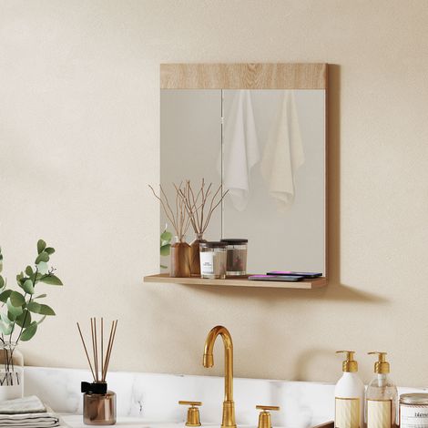 Miroir de salle de bain mural avec étagère ouverte, miroir d'entrée, 50 x 12 x 60 cm, chêne (1/5)