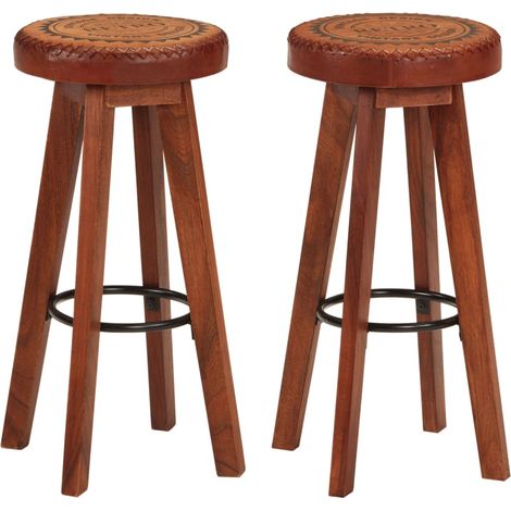Lot de 2 Tabourets de bar,Chaises hautes de bar Cuir véritable et bois d'acacia solide -16992 (1/5)