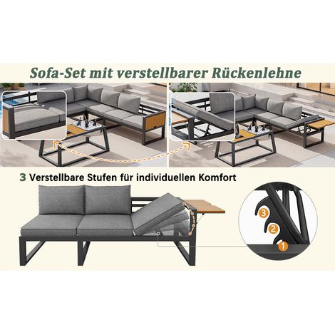 Set de canapés extérieur modulaires, avec dossier réglable, accoudoirs qui se déplient et contenants en métal pour les chaises. Les coussins ont une épaisseur de 10 cm. Couleur gris/beige. (1/5)