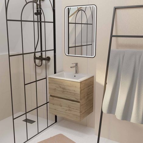Mobile da bagno 50 Decorazione Rovere Naturale, 2 cassetti, Lavabo bianco e Specchio Led