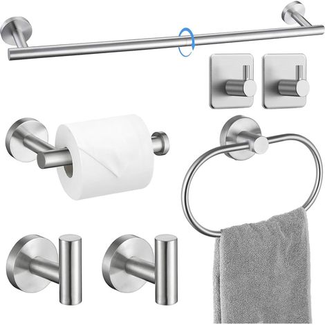 Ensemble 7 Accessoires Salle De Bain, Porte-Serviettes Acier Inoxydable, Support Papier Toilette, Crochets Muraux, Pour Rénovation