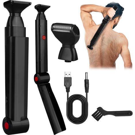 Maquinilla de afeitar plegable para hombre con 2 cabezales flotantes, afeitadora eléctrica de mango largo y recortadora recargable por USB para espalda, pecho y hombros. (1/4)