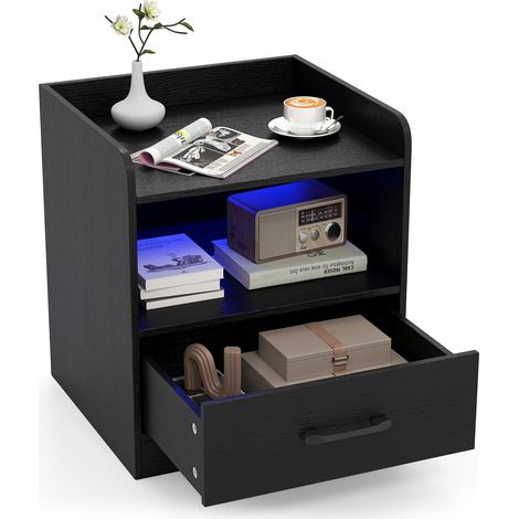 COSTWAY Comodino a 3 Livelli, Tavolino da Notte con Mensola Aperta e Cassetto Estraibile, Tavolino da Salotto con Luce, Telecomando, 44,5 x 40 x 50 cm, per Soggiorno e Camera da Letto (1/5)