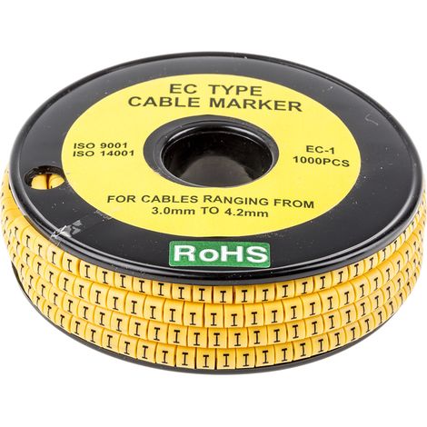 Repère câble , Ø câble 3 4.2mm, texte : I, Noir sur Jaune ( Prix pour Bobine de 1000 )