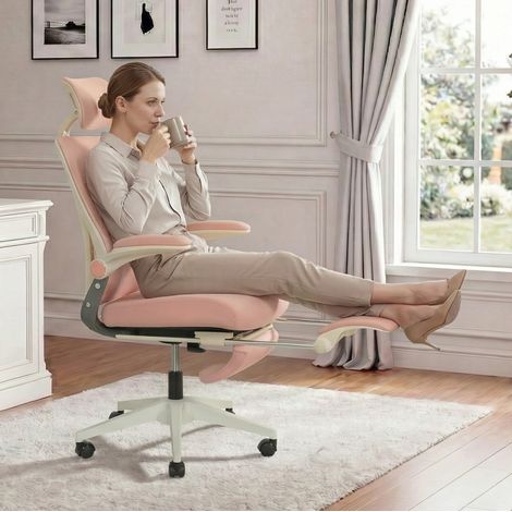 MEUBLIV Sedia da ufficio ergonomica pieghevole rosa 62x48,5x129 cm – con poggiapiedi (1/5)
