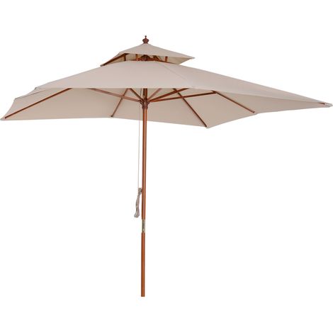 Ombrellone da Giardino 3x3 m con Sistema a Corda, Parasole a 2 Livelli, Ombrellone da Esterno Quadrato a 8 Stecche, in Bambù, Legno Pioppo e Poliestere, per Cortile Balcone, Crema