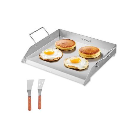 Parrilla de Acero Inoxidable con Placa Rectangular Universal(448 x 370 mm) con Superficie Plana, Parrilla de Gas para Barbacoa, Utensilios de Cocina Familiares con Mango, Acero Original (1/5)