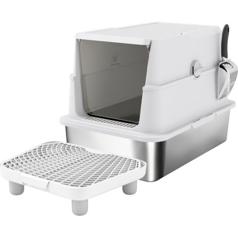 Lettiera per gatti in acciaio inox, capacità extra large, paletta inclusa, colore grigio chiaro, spedizione in loco. (1/5)
