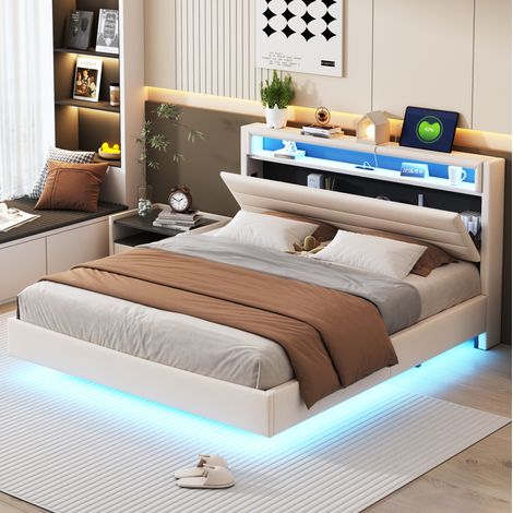 Bett 160x200 cm gepolstert in Beige mit drehbarem Kopfteil, USB, LED-Beleuchtung und Lattenrost (1/5)