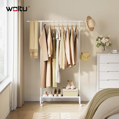 WOLTU Clothes Rail for Bedroom, Garment Hanging Rail with Extendable Hanging Rail, Wheels, Bottom Shelf Freestanding Black Clothes Shoe Storage Rack White