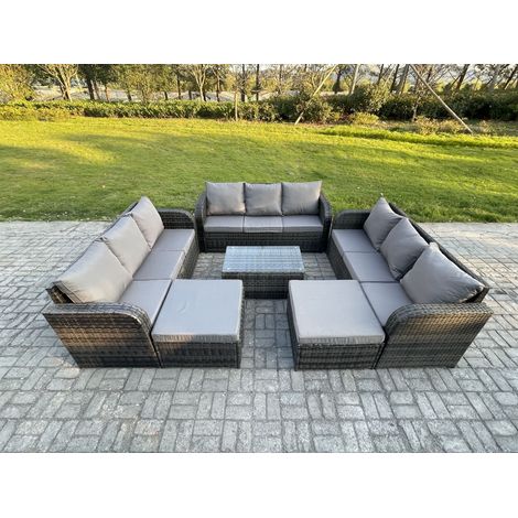 Fimous Salon de jardin 11 places Ensemble de canapés en rotin avec Table basse 2 Grand tabourets Gris foncé mixte (1/5)