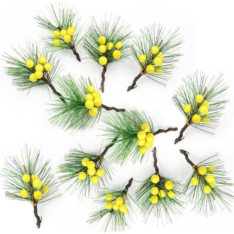 Materialien für Weihnachtskranzdekoration, künstliche PVC-Kiefernnadeln, Mini-Weihnachtsbaum zum Selbermachen, rote Beeren, Accessoires, gelb (1/5)