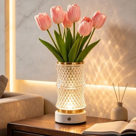 Lámpara de mesa de cristal táctil Florero de cristal regulable en 3 colores (Flores no incluidas) (1/5)