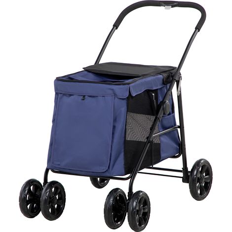 Chariot pour chien pliable 3 poches latérales avec coussin bleu 102x62x105 cm