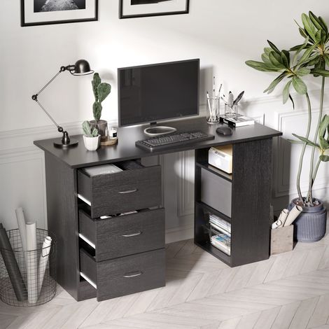 Bureau noir de 119 cm (47 pouces) avec étagères de rangement à 3 niveaux, bureau d'ordinateur avec tiroirs, table d'étude et d'écriture pour l'organisation (1/5)