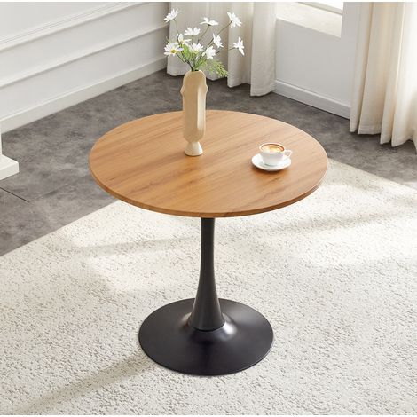 Tavolino rotondo Ø80 cm, stile Mid-Century, per cucina/soggiorno, piano in MDF effetto legno, base centrale in metallo nero, altezza 76 cm (1/5)