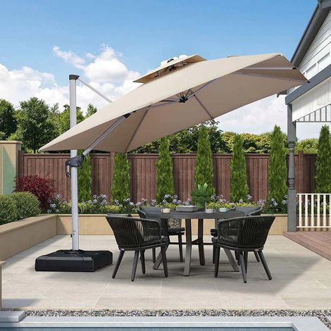 Purple Leaf – Parasol déporté 3 x 3 m carré – Rotation 360° – Aluminium – 8 baleines – Pour jardin, balcon et piscine – Couleur kaki