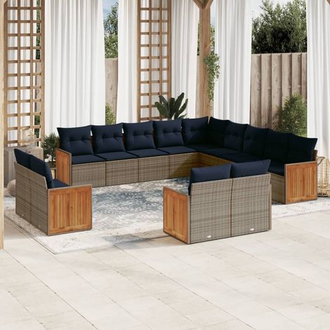 Ensemble salon de jardin 13 pièces en résine tressée gris avec coussins bleu marine - PANGIVO (1/5)