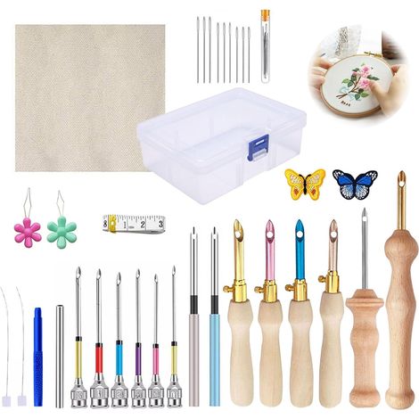 Set mit 35 Punch-Nadeln – Stickset – Punch-Nadeln mit Holzgriffen – Verstellbare Punch-Nadeln zum Basteln, Nähen und Sticken (1/5)