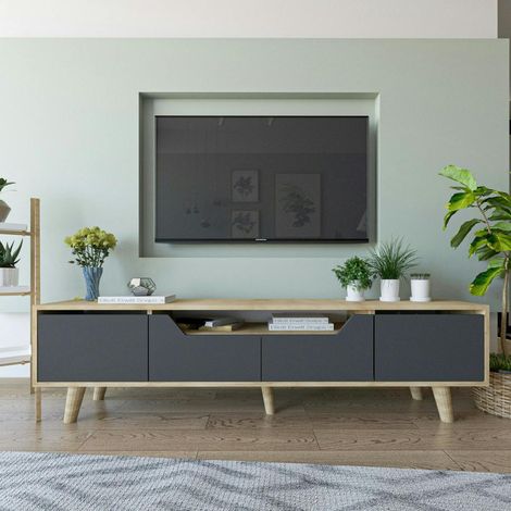Long meuble TV 4 portes grises et cadre clair 180 cm MARFA (1/5)