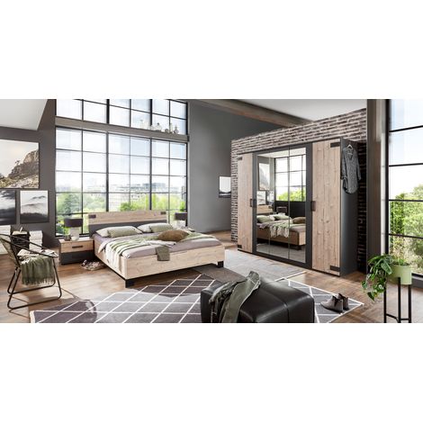 Chambre à coucher complète adulte (lit 180x200 cm + 2 chevets + armoire) coloris chêne -PEGANE-