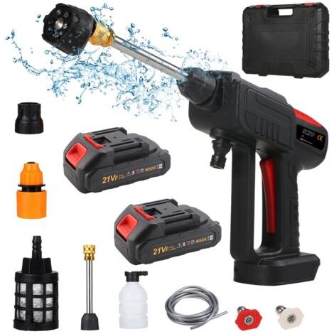 Nettoyeur haute pression à batterie avec une pression maximale de 60 bars, 2 batteries, pistolet à mousse avec une vitesse de 10 litres/minute et 20 000 tr/min, et une buse 6 en 1. (1/5)