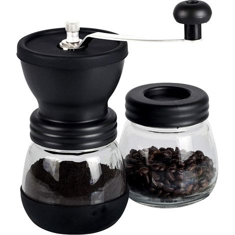 Moulin à café manuel à meules en céramique, capacité du récipient à café : 350 ml (12 oz), noir, avec poignée en acier inoxydable et couvercle en silicone (1/5)