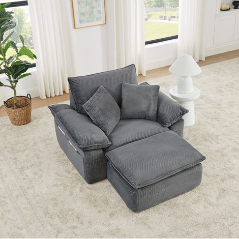 Sofá de suelo modular (156x125x65 cm), con reposapiés combinable y bolsillos laterales, tejido gris claro (1/5)